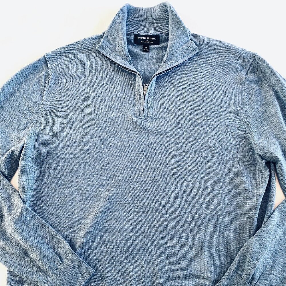Banana Republic blue 100% merino wool 1/4 zip sweater Men's XL quiet luxury - Picture 2 of 7